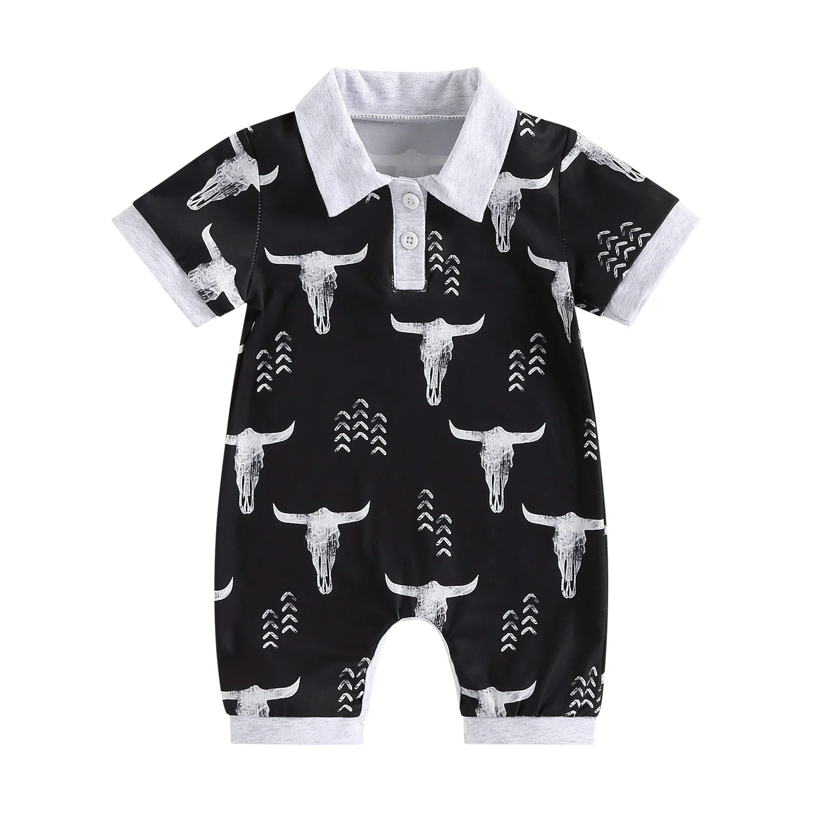 Baby Boys Bull Head Print Romper | Short Sleeve Summer Jumpsuit | 3–18M