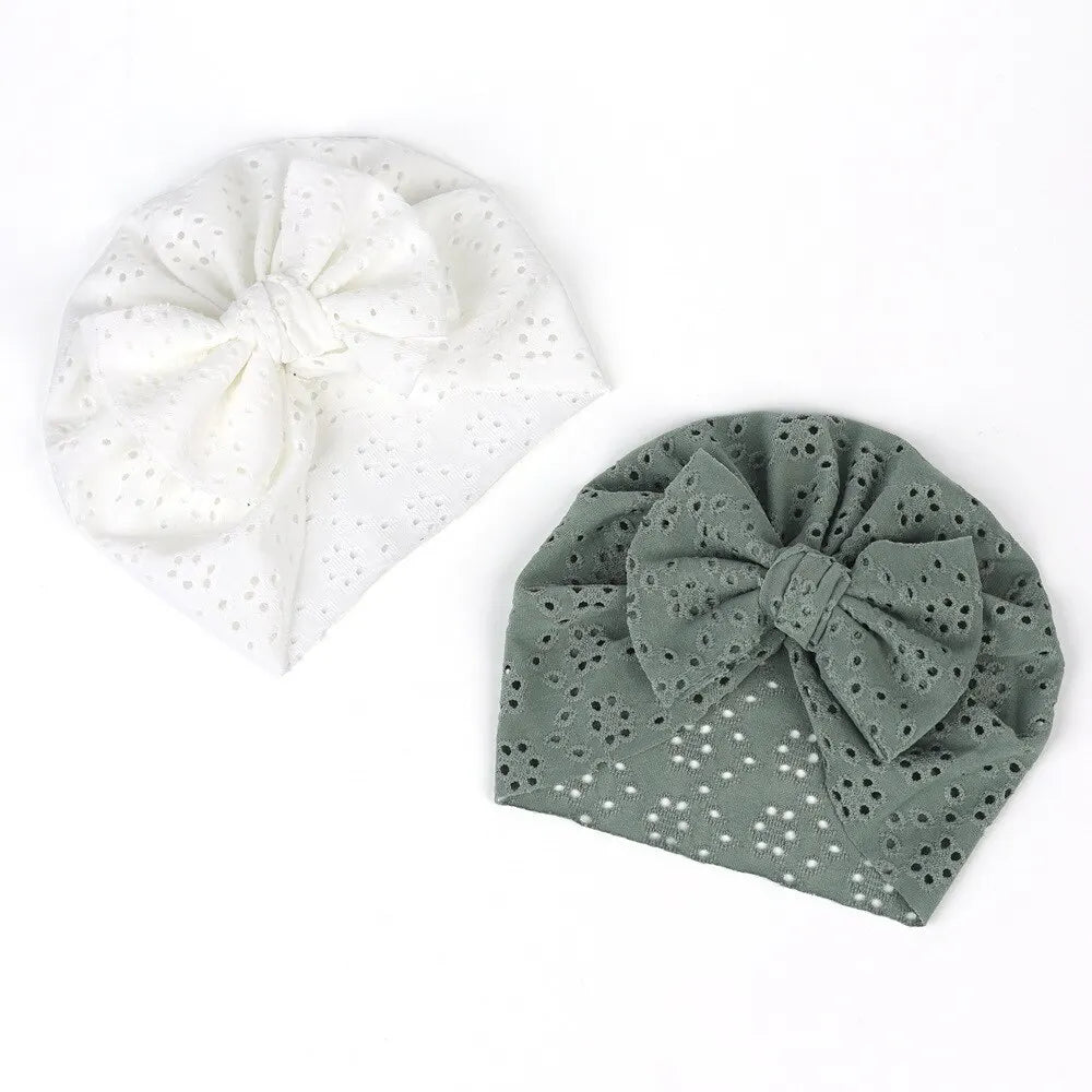 3-Pack Baby Breathable Cotton Caps – Bow Bonnet Set | White, Pink & Green