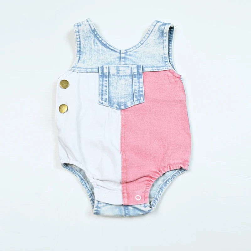 Baby summer denim romper with patchwork detail