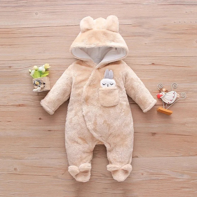 Baby Plush Hooded Romper | Cartoon Animal Ear Jumpsuit Newborn–1.5Y