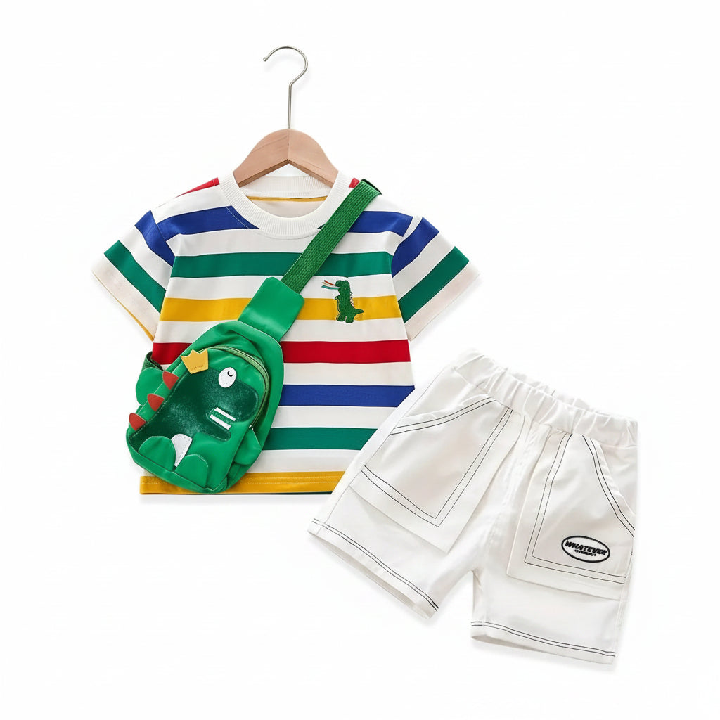 Boys Dinosaur Stripe T-Shirt & Shorts Set Ages 6M–3Y | 3-Piece