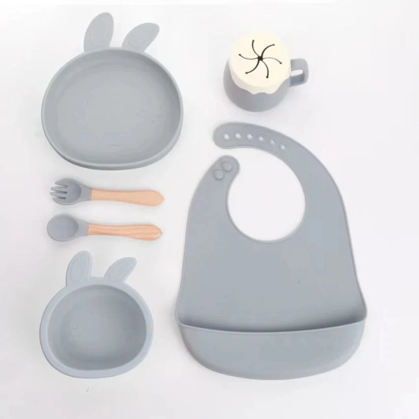 Silicone Baby Feeding Set Tableware Baby Food Dish Fork Spoon Suction Bowl Divided Plate Bib Cup Baby Led Weaning Supplies