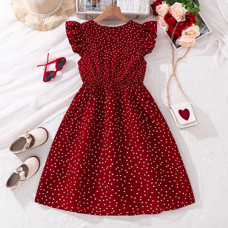 Girls Red Polka Dot V-Neck Dress (4-12Y)