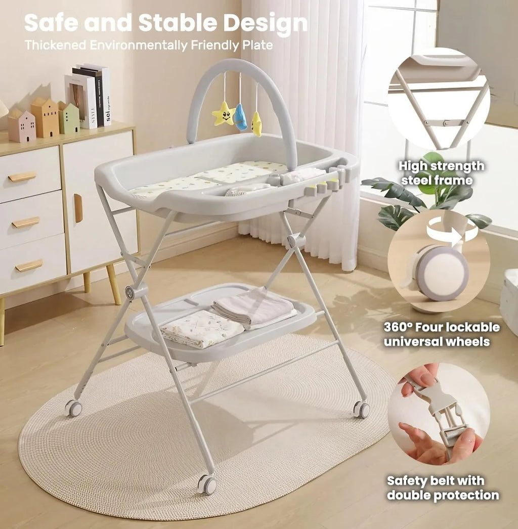 Foldable Baby Diaper Changing Table with Wheels & Storage