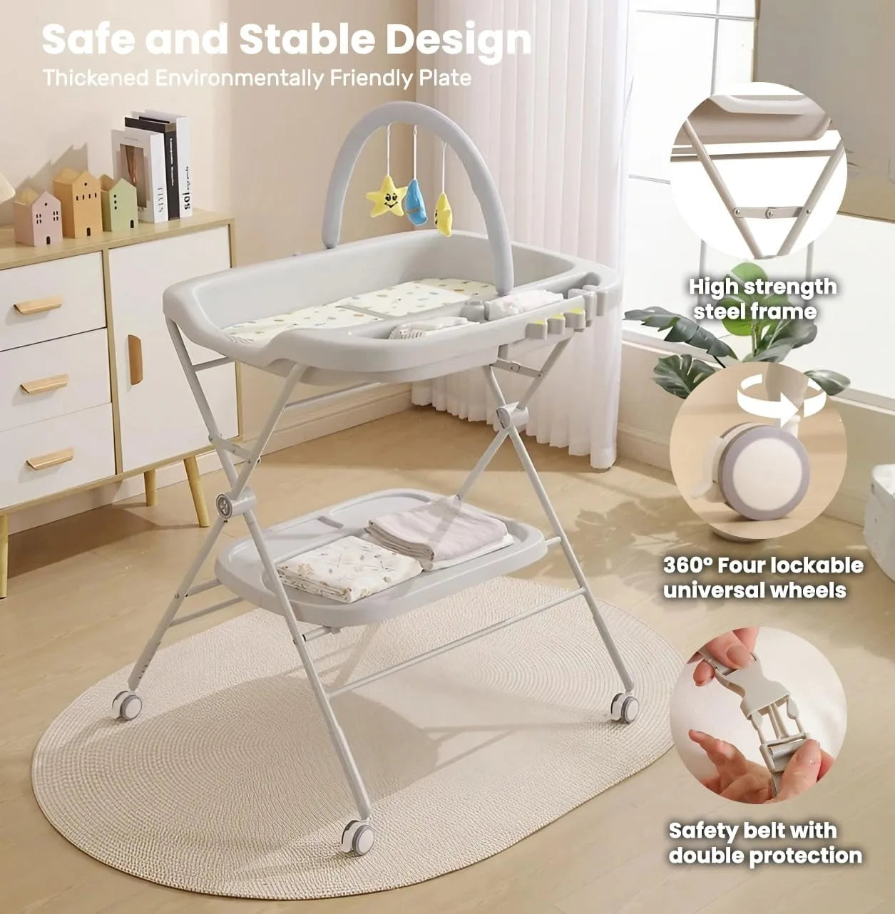 Foldable Baby Diaper Changing Table with Wheels & Storage
