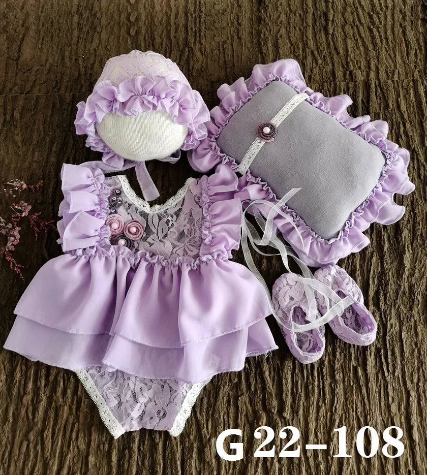Newborn Baby Girl Photography Props Set | Lace Dress Romper, Hat & Headband 0–3M