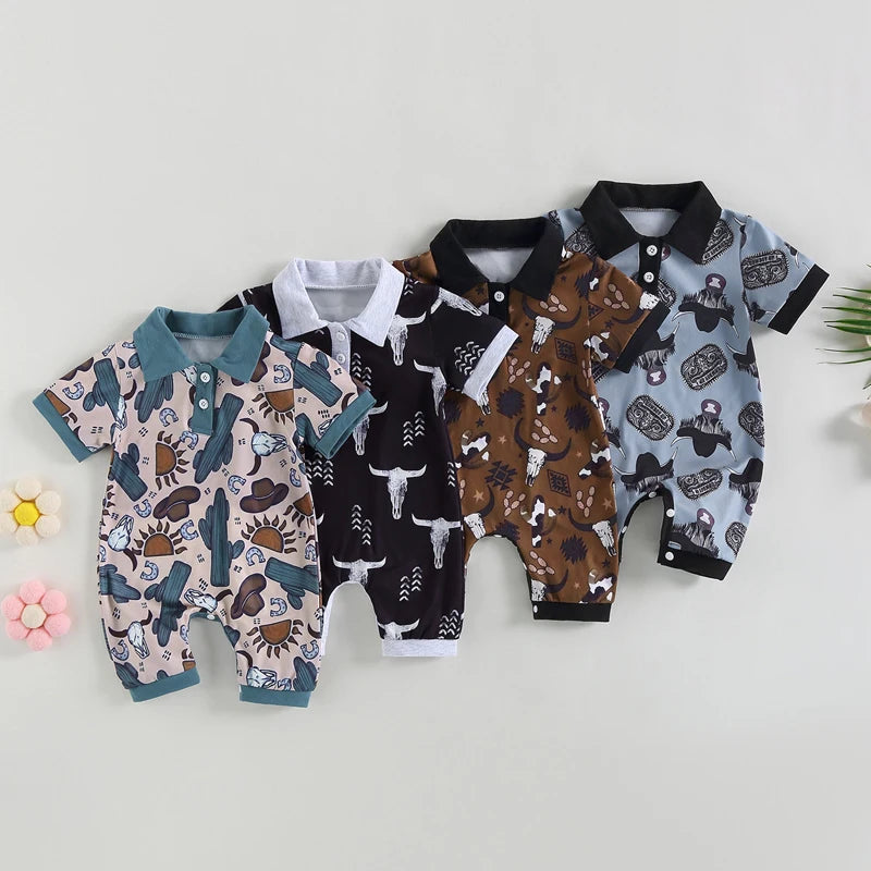 Baby Boys Bull Head Print Romper | Short Sleeve Summer Jumpsuit | 3–18M