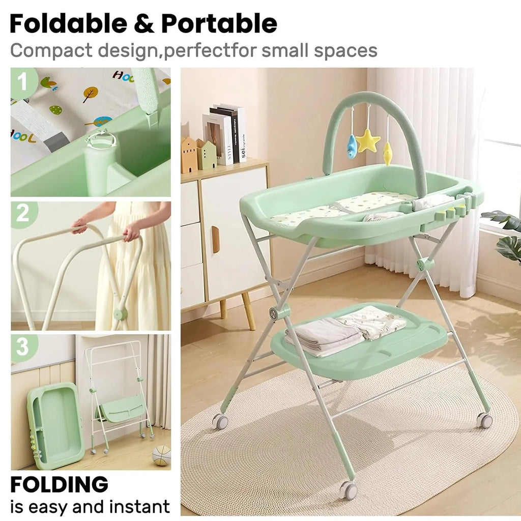 Foldable Baby Diaper Changing Table with Wheels & Storage