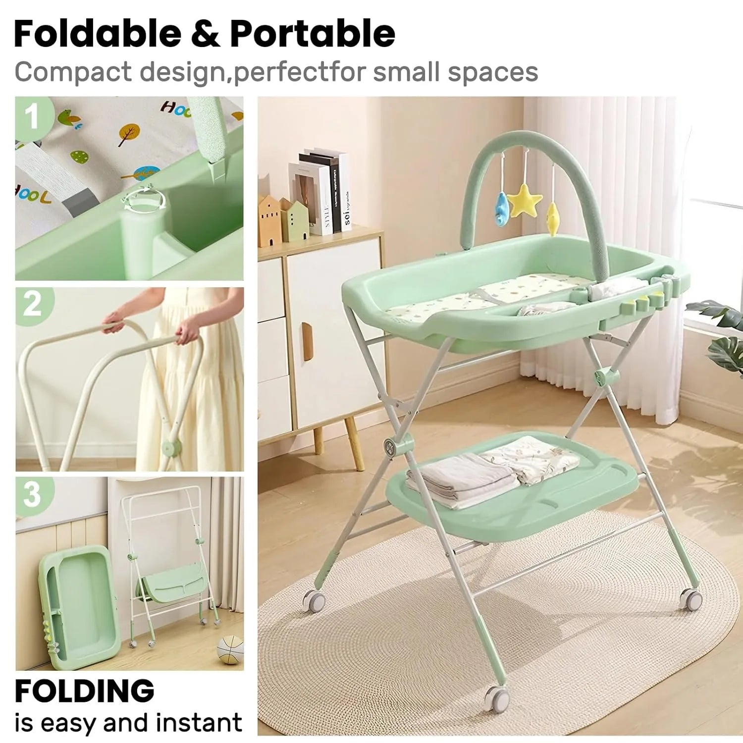 Foldable Baby Diaper Changing Table with Wheels & Storage