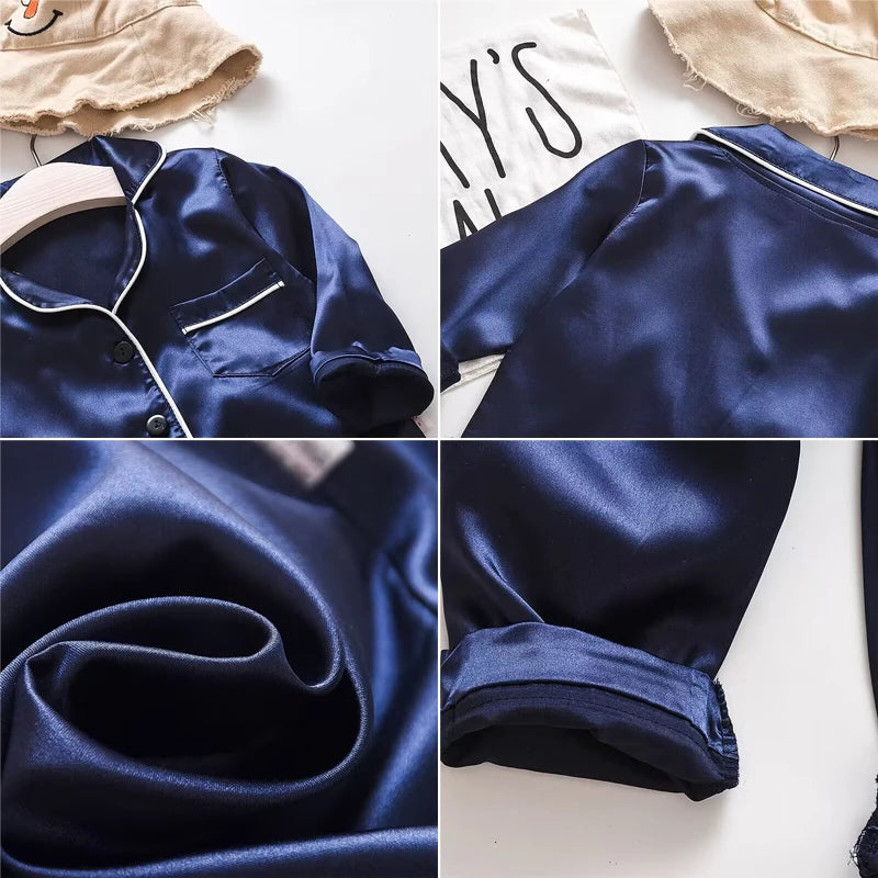 Children’s pajamas set silk satin long sleeve top+trousers two -piece male baby girl cartoon solid color set