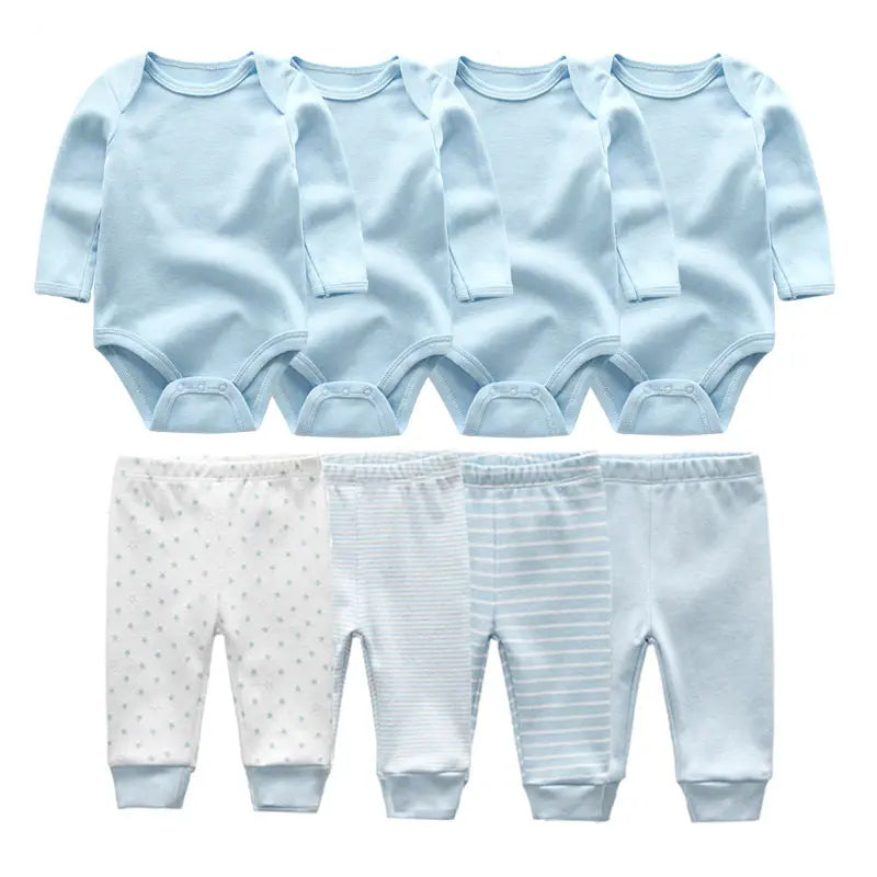 8-Piece Baby Bodysuit & Pants Set – Long Sleeve Cotton Unisex