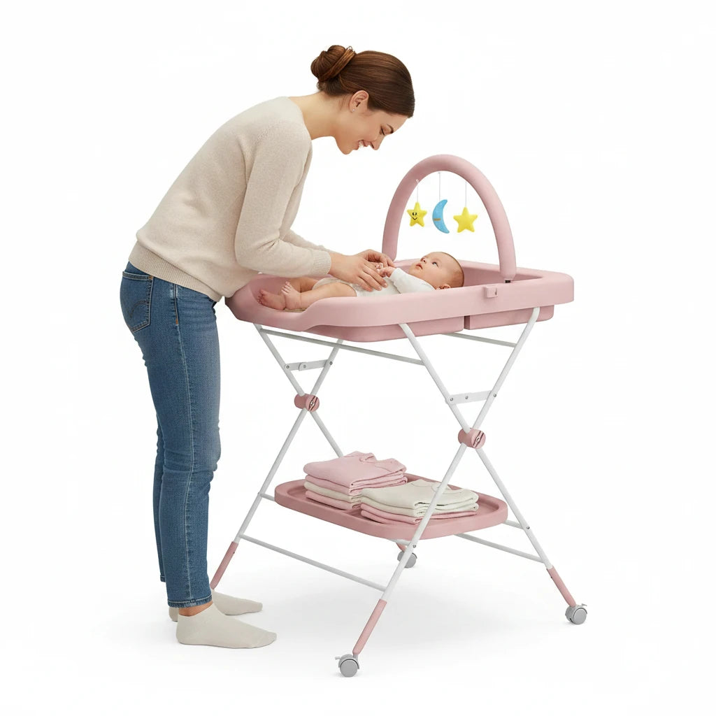 Foldable Baby Diaper Changing Table with Wheels & Storage