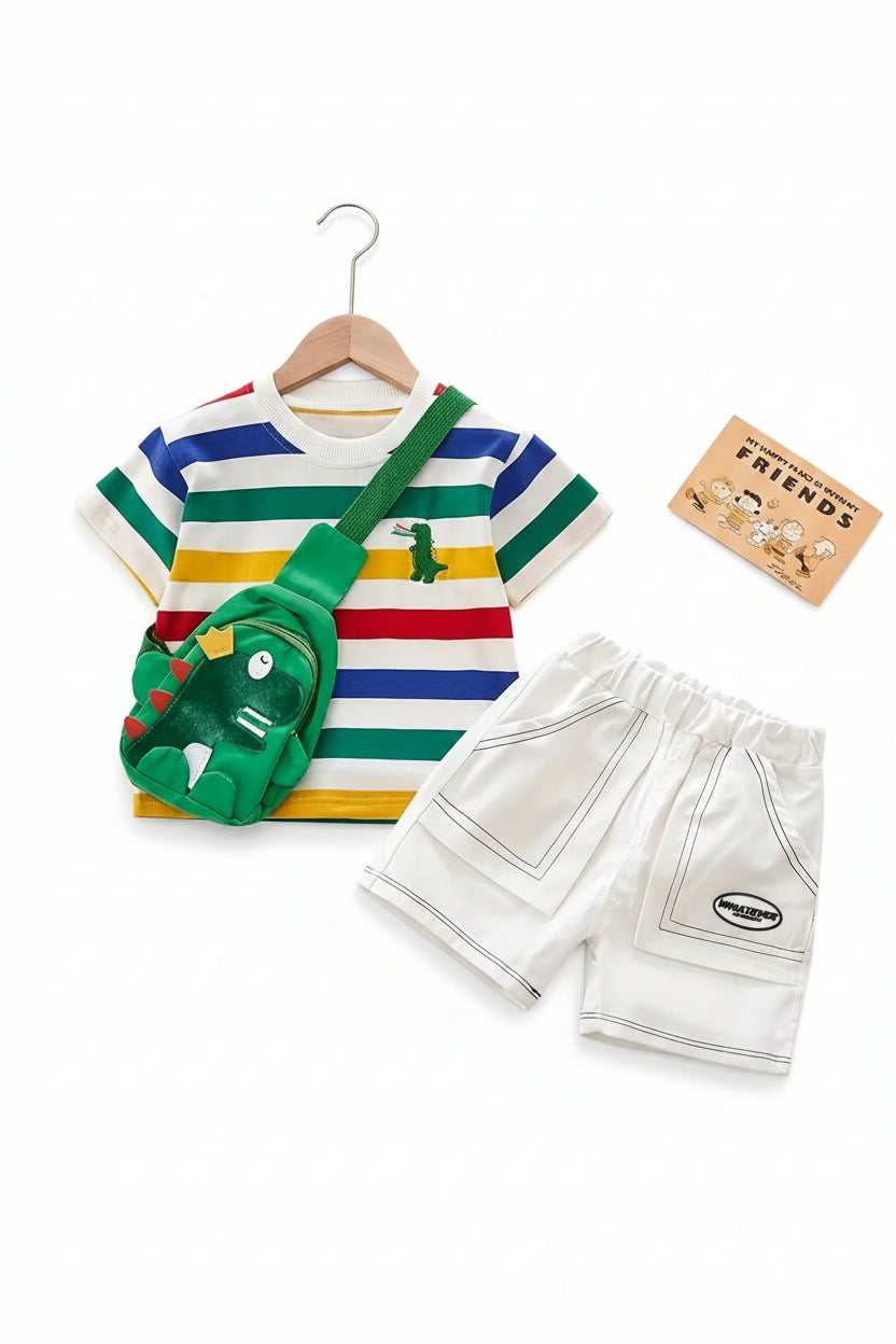 Boys Dinosaur Stripe T-Shirt & Shorts Set Ages 6M–3Y | 3-Piece