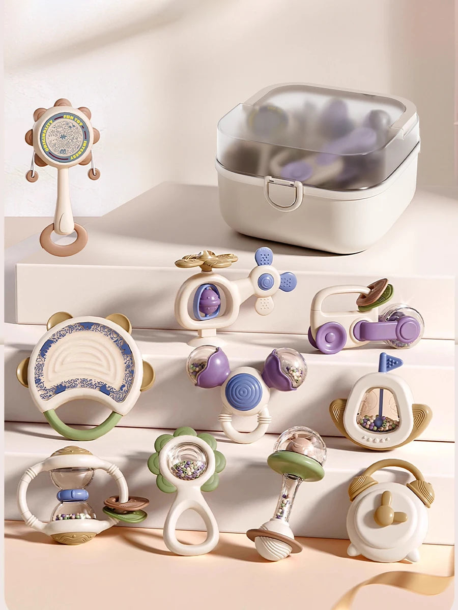 10Pcs Baby Rattles & Teethers Set Infant Toys 6+ Months Teether Grasping Shake Toys Sensory Toy with Soft Textures Newborn Gifts