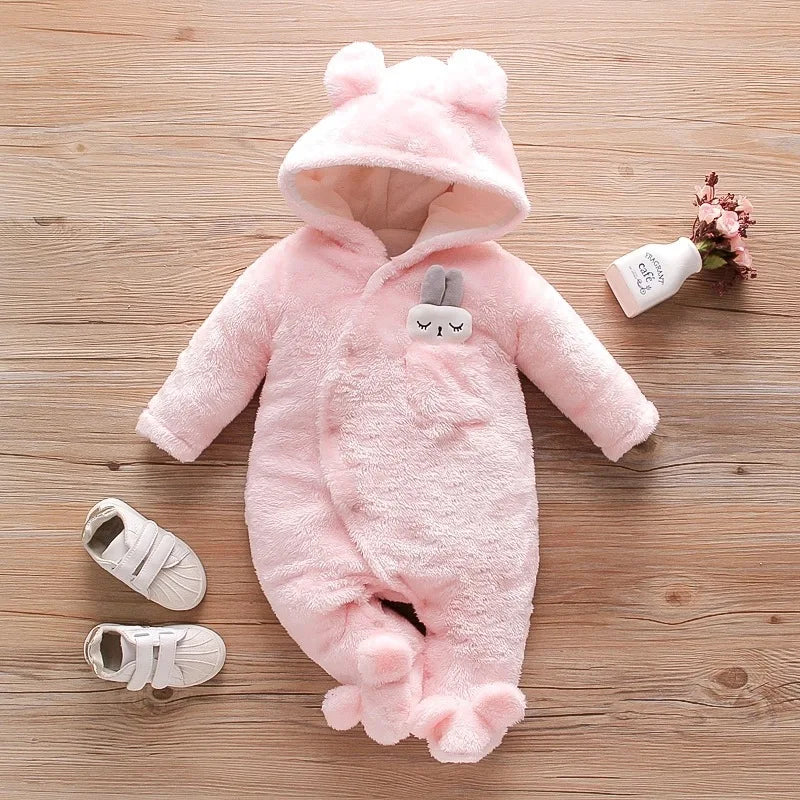 Baby Plush Hooded Romper | Cartoon Animal Ear Jumpsuit Newborn–1.5Y