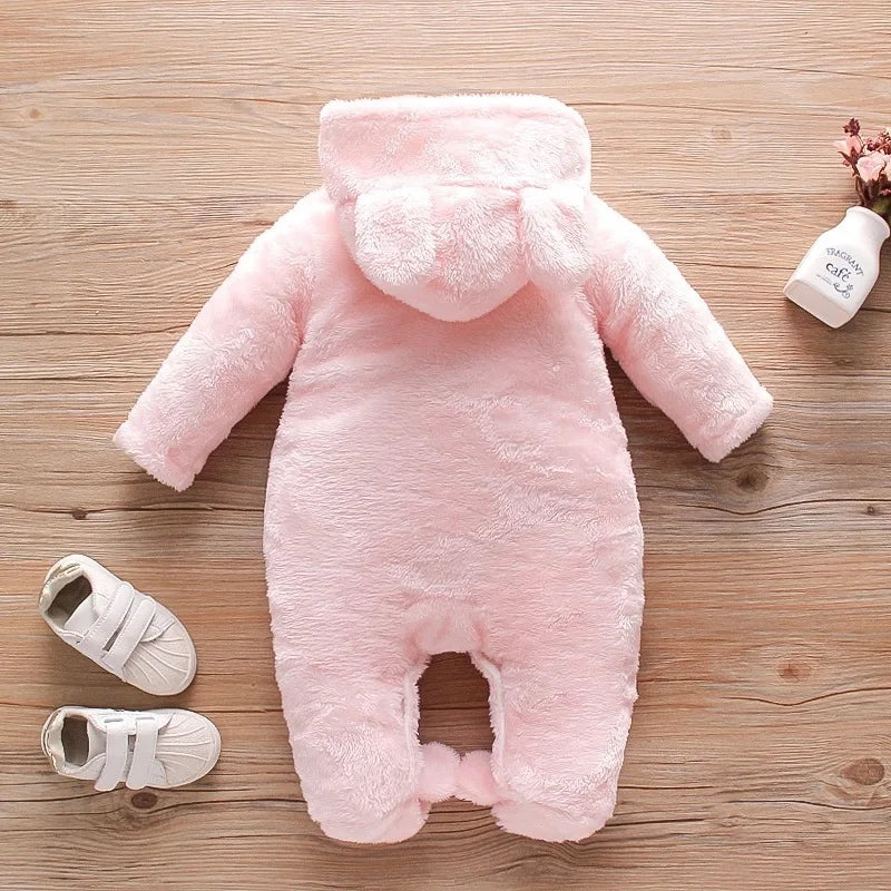 Baby Plush Hooded Romper | Cartoon Animal Ear Jumpsuit Newborn–1.5Y