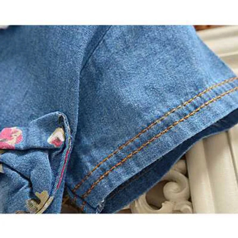 Baby Girls Denim Floral Dress Ages 12M–4T | Bow & Button Detail