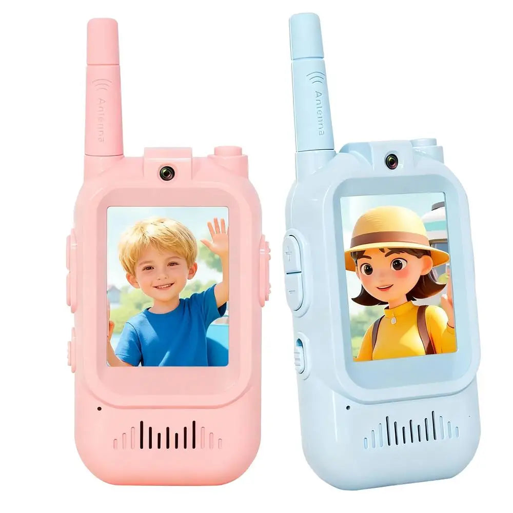 Kids video walkie talkie in blue and pink — rechargeable 2-pack for ages 3+
