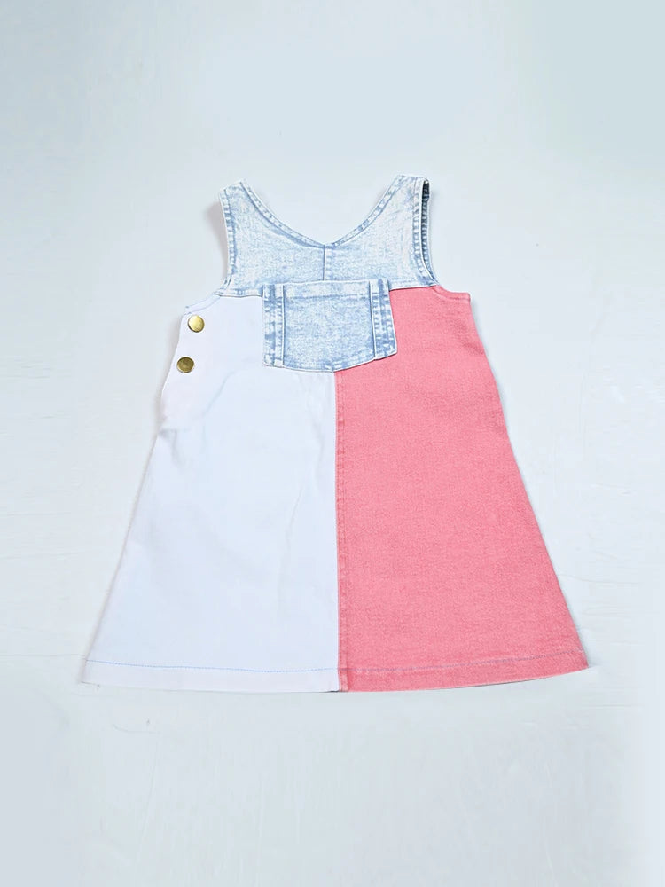 Girls summer denim dress with contrast pocket trim