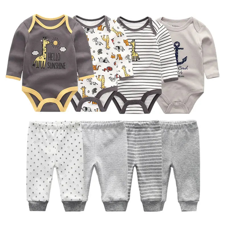8-Piece Baby Bodysuit & Pants Set – Long Sleeve Cotton Unisex