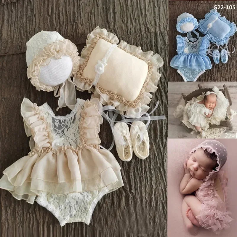 Newborn Baby Girl Photography Props Set | Lace Dress Romper, Hat & Headband 0–3M