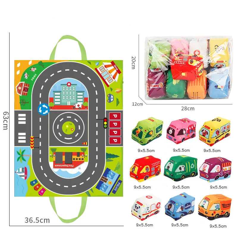 Soft Fabric Car Toy Set with Play Mat – 9-Piece Sensory Toy for Babies