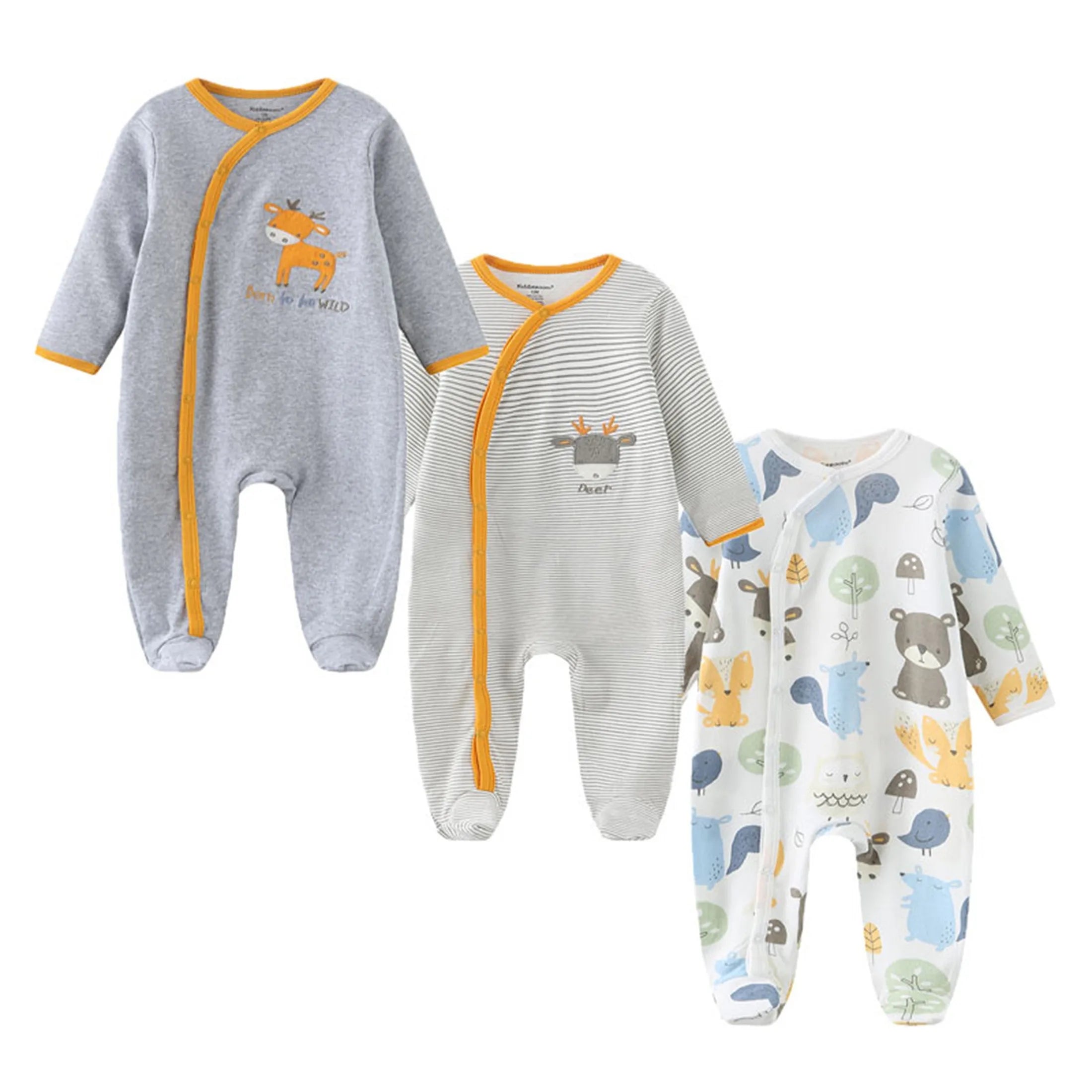 Kiddiezoom 3-Pack Unisex Baby Rompers - 100% Soft Cotton Long Sleeve Jumpsuits - Newborn Autumn & Winter Essentials