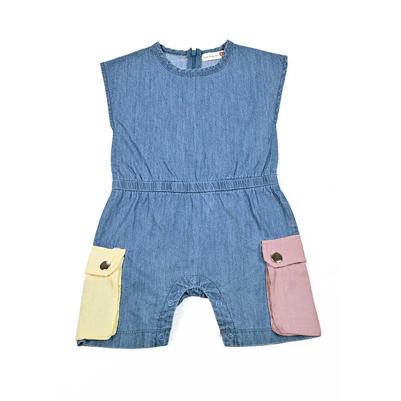 Baby girl summer denim romper with contrast pocket detail