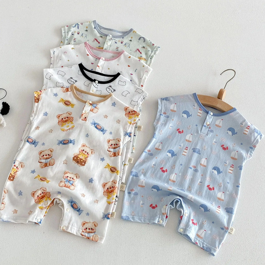 Baby Cartoon Print Summer Romper | Sleeveless Snap Bodysuit 3–24M