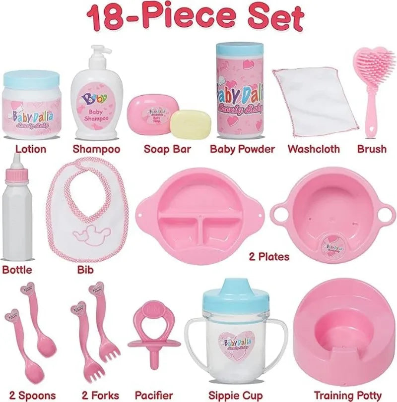 Playing house toy18-piece Baby Doll Accessories Set Girls' home game simulation realistic toy gift Perfect for Children and Girl