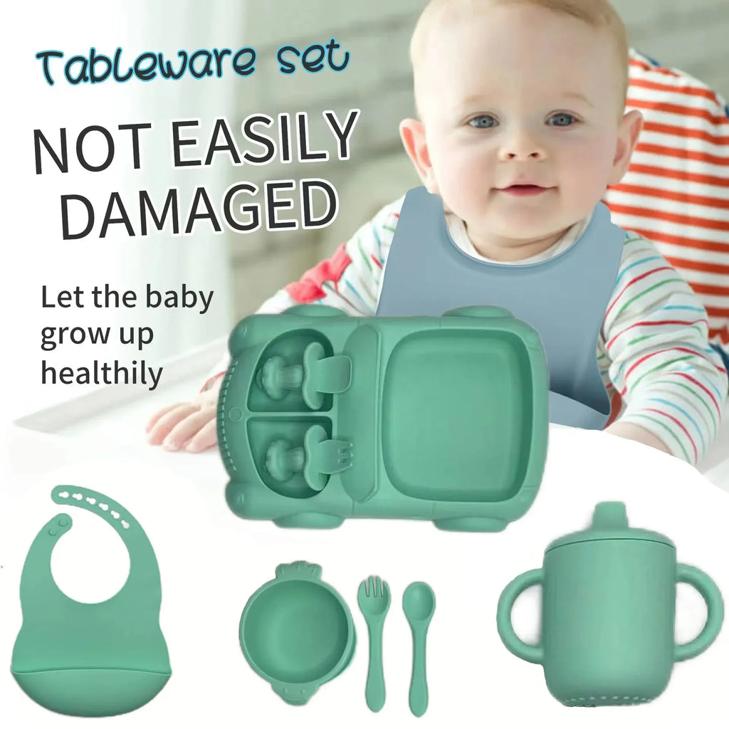 Silicone Baby Feeding Set with Suction Bowl, Plate, Spoon, Fork & Bib | BPA-Free