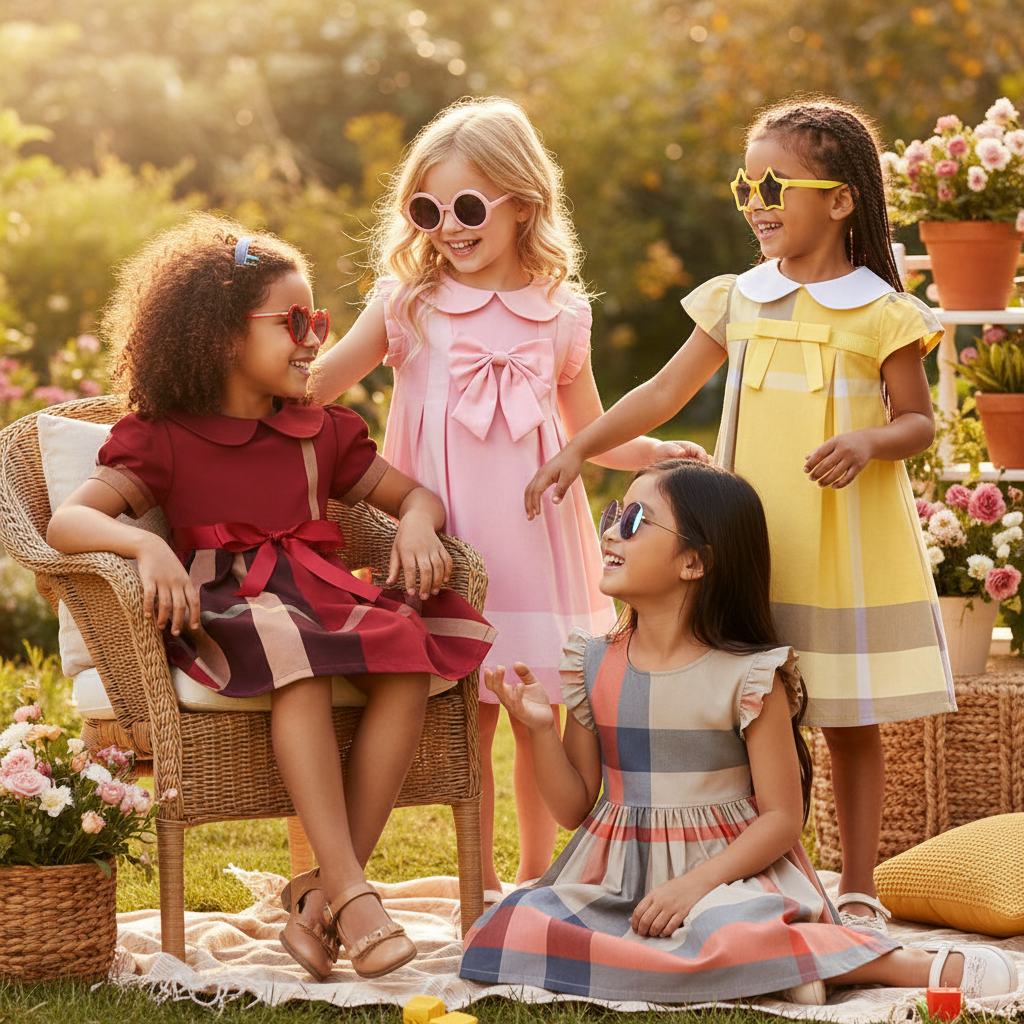 Girls Plaid Summer Dress with Sash (4-8Y)