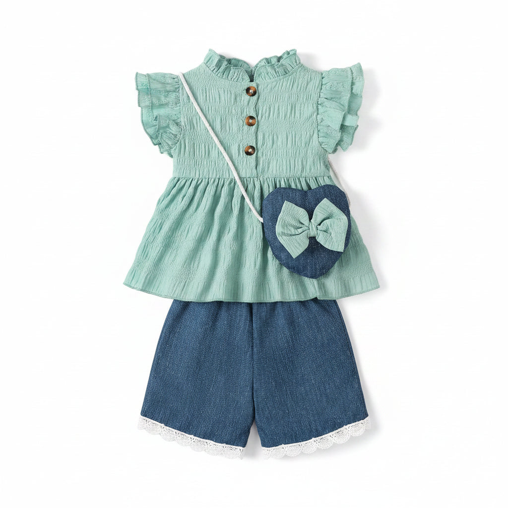 Baby Girl Summer 3-Piece Set | Ruffle Top, Blue Shorts & Bag (0–3 Years)