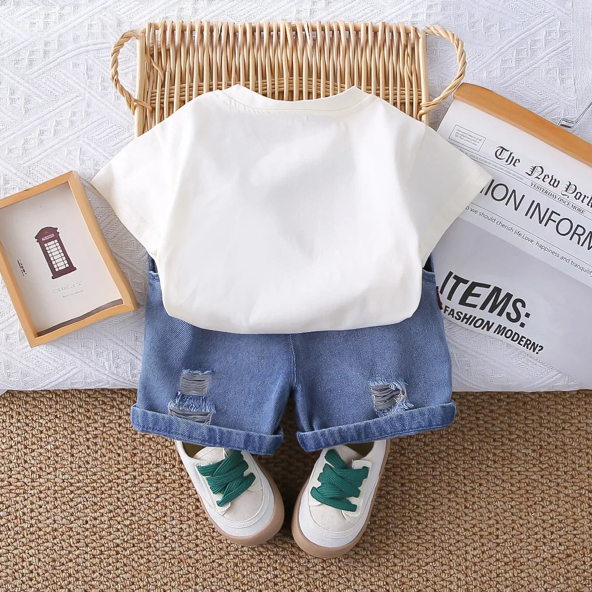 Boys' 3D Bear Print Two-Piece Summer Outfit