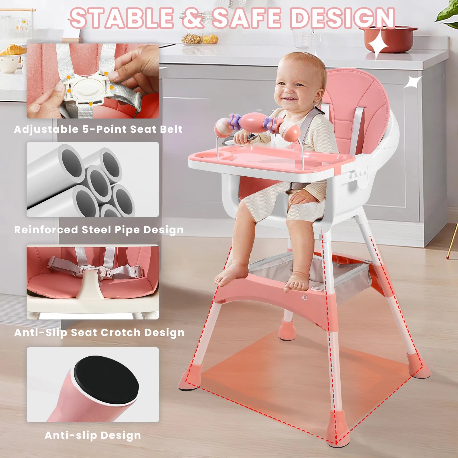 Baby High Chair – Convertible Toddler Dining Chair with Detachable Tray