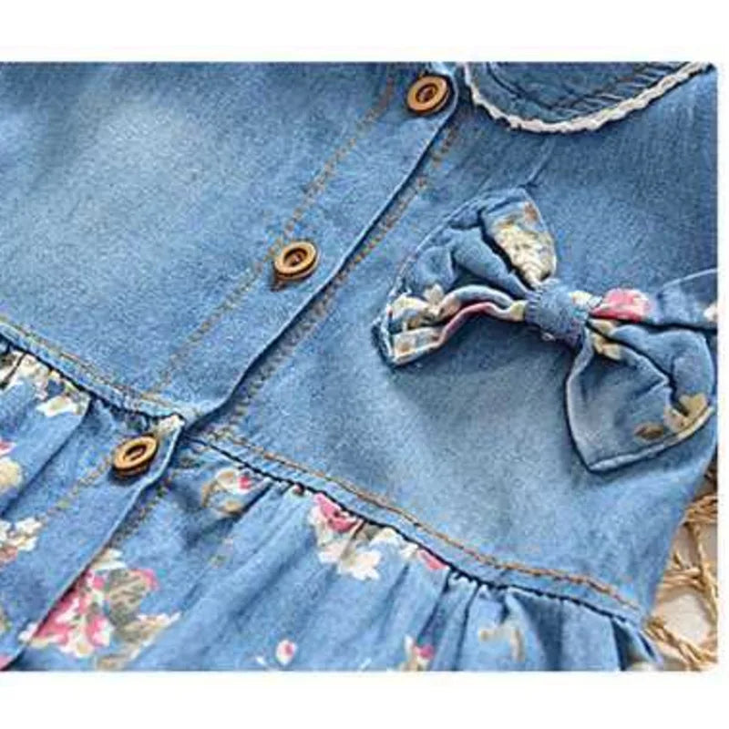 Baby Girls Denim Floral Dress Ages 12M–4T | Bow & Button Detail