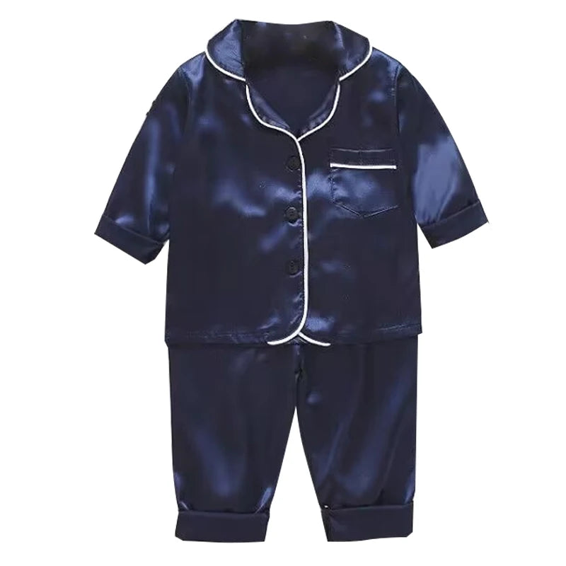 Children’s pajamas set silk satin long sleeve top+trousers two -piece male baby girl cartoon solid color set