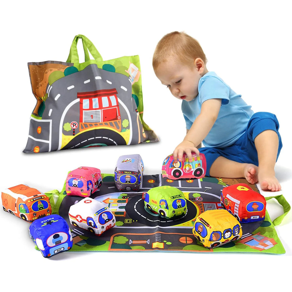 Soft Fabric Car Toy Set with Play Mat – 9-Piece Sensory Toy for Babies