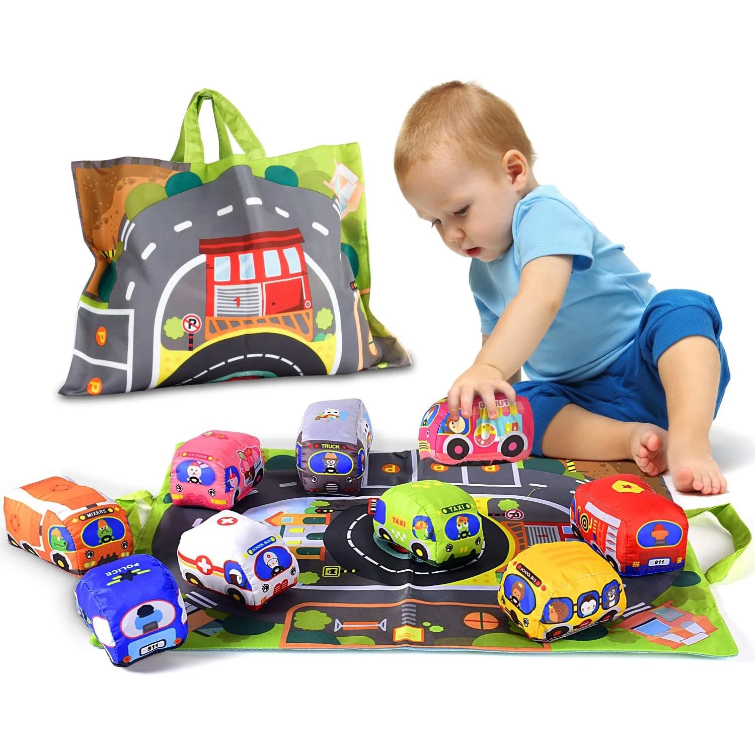 Soft Fabric Car Toy Set for Baby, with Play Mat and 9pcs Early Learning Travel Sensory  Toy, Birthday Gifts for Toddler