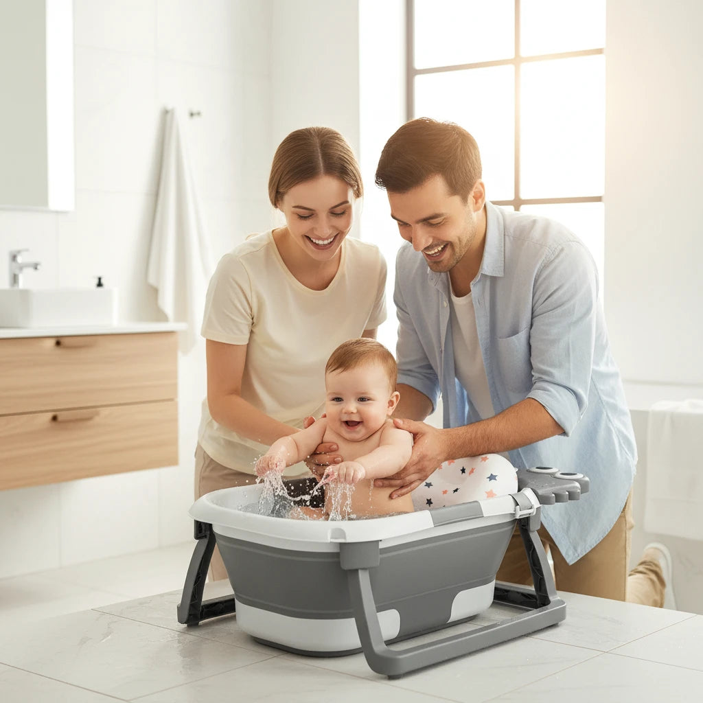 Foldable Baby Bath with Non-Slip Pillow & Thermometer | Birth to 3 Years