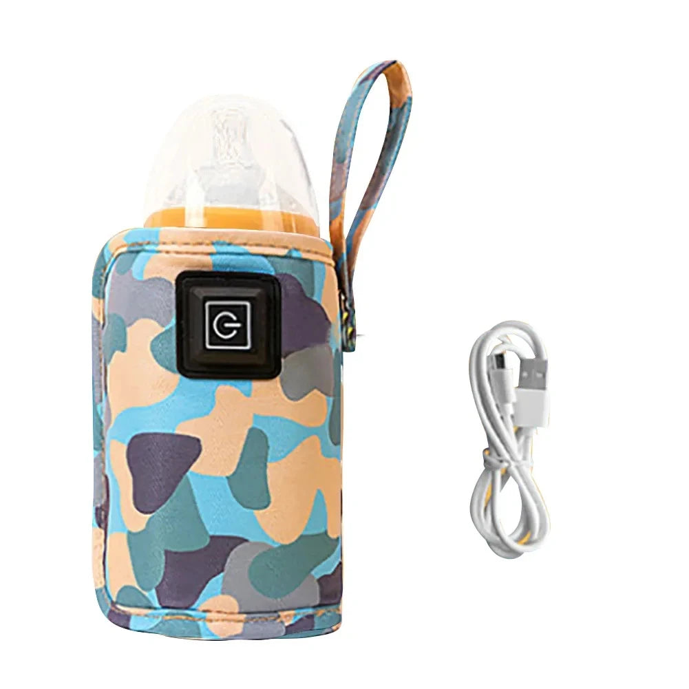 USB baby bottle warmer insulated travel bag in blue camouflage print
