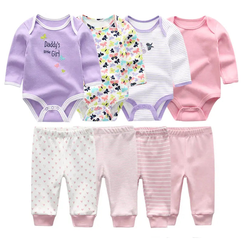 8-Piece Baby Bodysuit & Pants Set – Long Sleeve Cotton Unisex