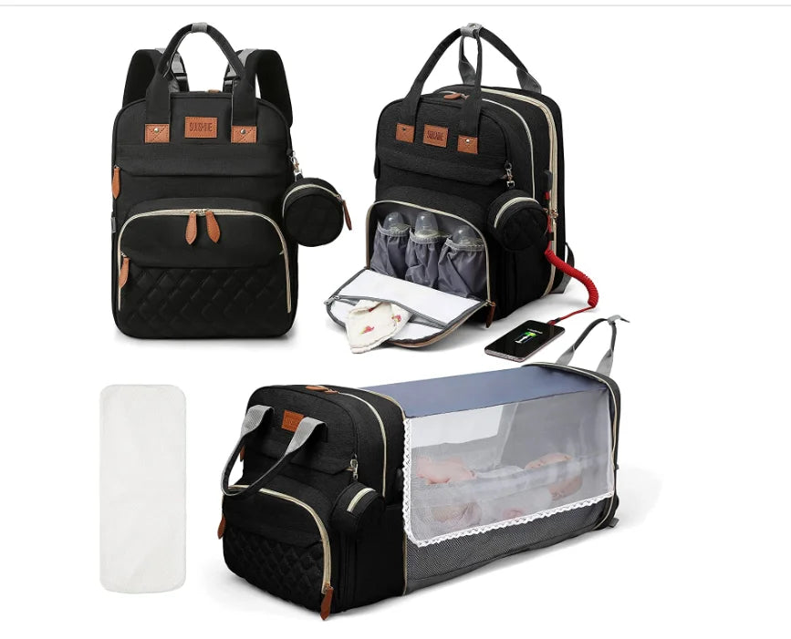 3-in-1 Diaper Bag Backpack with Foldable Changing Bed