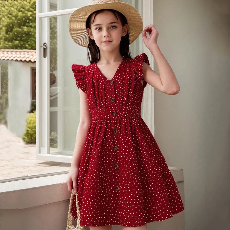 Girls Red Polka Dot V-Neck Dress (4-12Y)