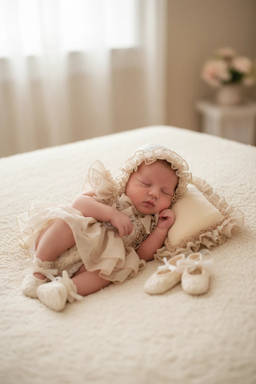 Newborn Baby Girl Photography Props Set | Lace Dress Romper, Hat & Headband 0–3M