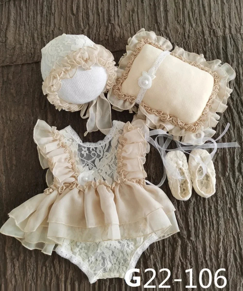 Baby Newborn Photography Props Baby Girl Lace Dress Romper Bodysuits Outfit  Hat Headband Photography Clothing