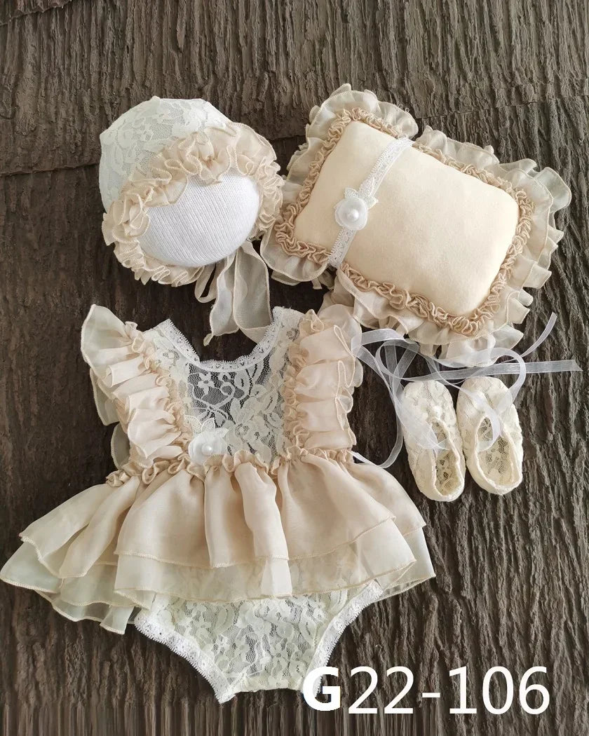 Newborn Baby Girl Photography Props Set | Lace Dress Romper, Hat & Headband 0–3M