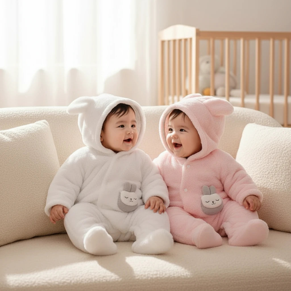 Baby Plush Hooded Romper | Cartoon Animal Ear Jumpsuit Newborn–1.5Y