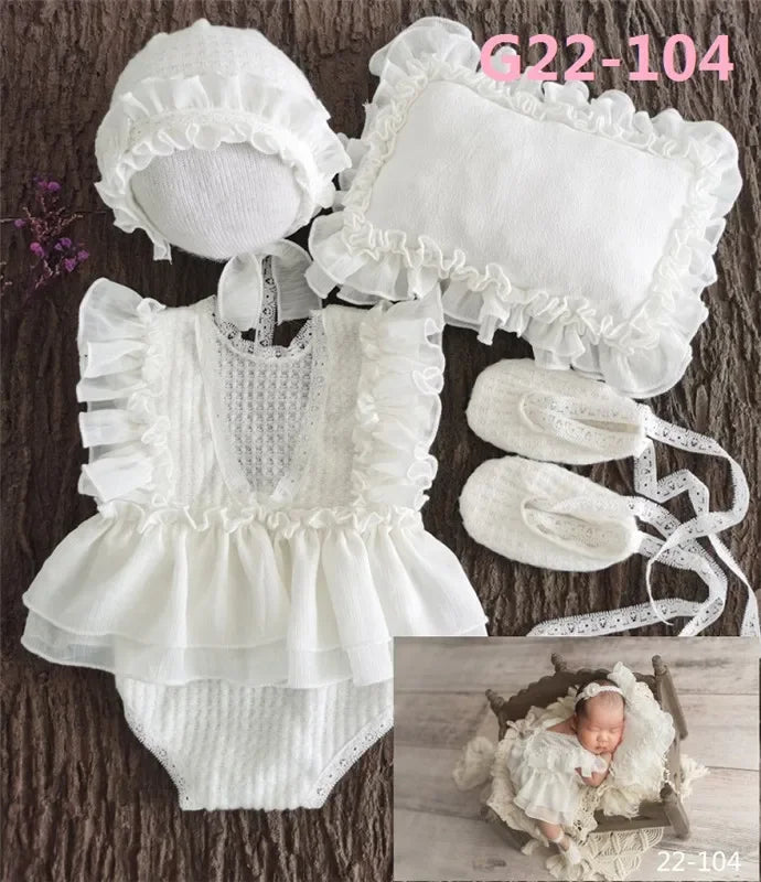 Baby Newborn Photography Props Baby Girl Lace Dress Romper Bodysuits Outfit  Hat Headband Photography Clothing