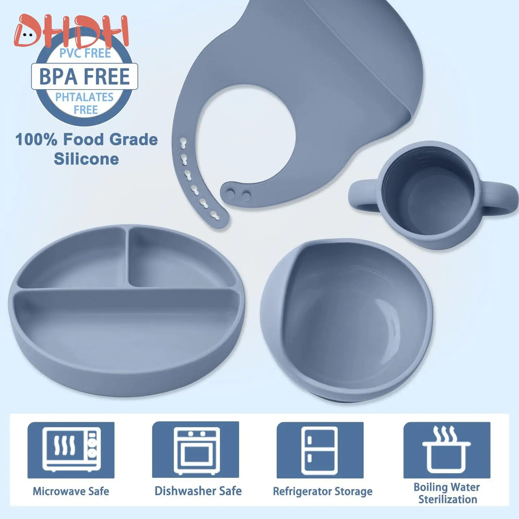 Silicone Baby Feeding Set with Suction Bowl, Plate, Spoon, Fork & Bib | BPA-Free
